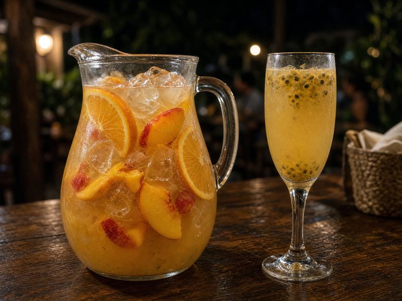 Jarra de clericó con naranja y durazno junto a una copa de mburucuyá