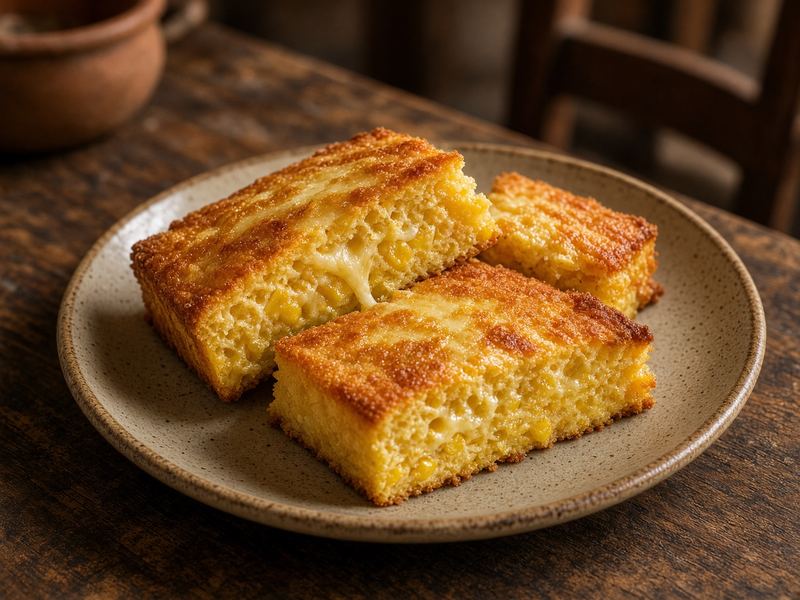 Porciones de chipa guazú en plato de cerámica
